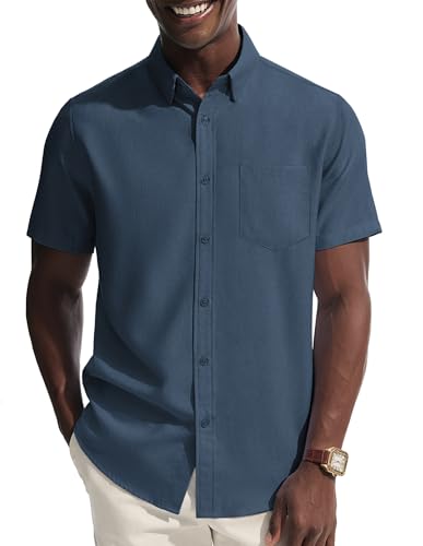 PJ PAUL JONES Mens Shirt Short Sleeve Business Casual Shirts Slim Fit Button Down Dress Shirt Deep Blue