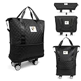 ISOKE Foldable Travel Duffel Bag - TSA Approved - With Wheels & Shoe Compartment - Weekender Bags for Women - Carry On Overnight Bag - Black - 16