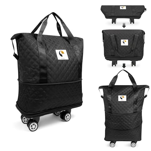 ISOKE Foldable Travel Duffel Bag - TSA Approved - With Wheels & Shoe Compartment - Weekender Bags for Women - Carry On Overnight Bag - Black - 16