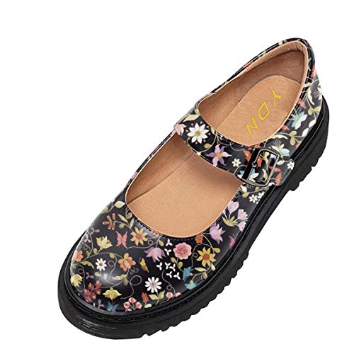 Image of YDN Women Classic Round Closed Toe Mary Jane Flats Platform Adjustable Single Ankle Strap Buckle Comfy Cute Pump Leather Patry Cosplay Girls Dress Shoe Size 4-16