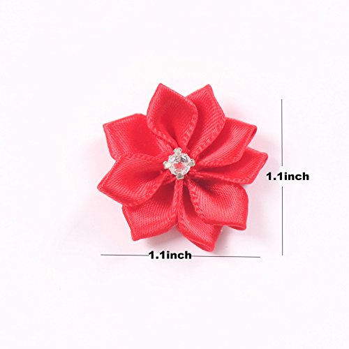 Yaka 60Pcs Red Satin Ribbon Flowers Bows Rose W/Rhinestone Appliques Craft Wedding Ornament 1.1Inch #TOP1