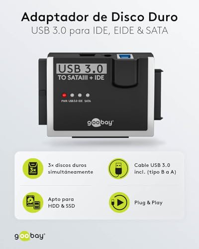 Adaptador SATA para discos duros USB 3.0 e IDE/USB Goobay HDD SSD con cables Molex y USB 2