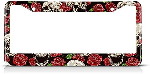 Beabes Rose Flower Skull License Plate Frame Halloween Sugar Skull Car Frames, License Plates Holder， Red License Plate Cover Aluminum Metal Frames for Women Men Auto Decoration