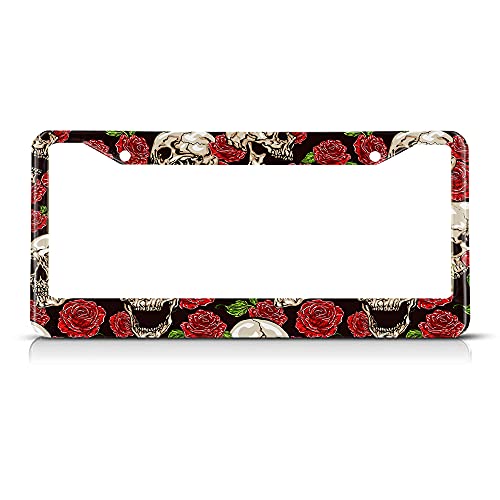 Beabes Rose Flower Skull License Plate Frame Halloween Sugar Skull Car Frames, License Plates Holder， Red License Plate Cover Aluminum Metal Frames For Women Men Auto Decoration #TOP5