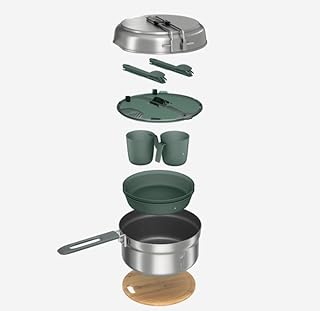 طقم اواني طهي للتخييم مكون من 15 قطعة مع وعاء ستانلس ستيل ومقالي ولوح تقطيع من الخيزران وادوات مائدة وشنطة تخزين، اخضر