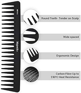 Wide Tooth Comb- a Professional Carbon Fibre Hair Comb by Majestik+, Anti-Static, Strength & Durability, in Black