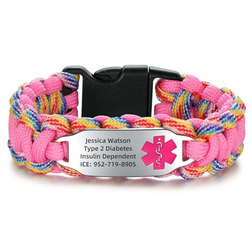MAXZOOL Paracord Medical ID Bracelets for Women | Women's Medical Alert Bracelets with Black Side Release Buckles and Stainless Steel ID Tag (6.5 Inches)