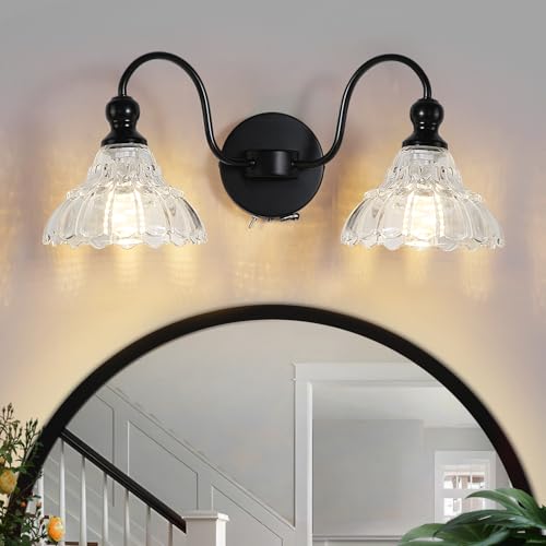 Image of camuucci Battery Bathroom Light Fixtures 10000mAh Rechargeable 2-Light Black Modern Vanity Lights Indoor Not Hardwired with Remote Control Wall Sconce for Mirror Living Room Bedroom(Bulbs Included)