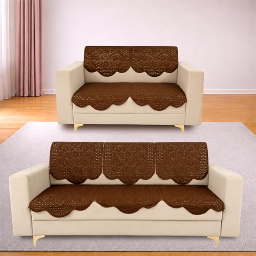Image of Homerz Premium 'Surya Series' Sofa Cover | Stylish Sofa Protector | Net Fabric | Anti-Stain & Washable Slip Cover Exact Size Antislip (Flower Valley Brown, 5 (3+2) Seater, Seat Cover with Backrest)