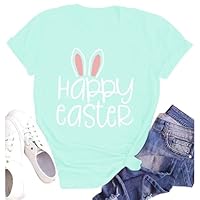 LINZEOO Easter Shirt for Women Funny Rabbit Bunny Shirt Happy Easter Short Sleeve Holiday Tee Tops Cyan