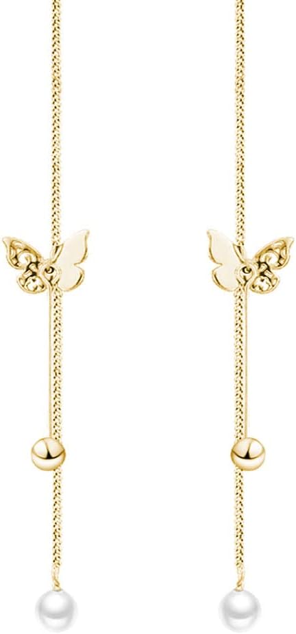 SLUYNZ Sterling Silver Butterfly Threader Earrings Dangle Chain for Women Teens Pearl Long Dangle Earrings Tassel