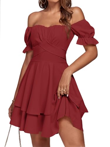 LYANER Women's Tie Back Off Shoulder Wrap Layer Ruffle A Line Short Sleeve Casual Mini Dress Solid Wine Red Small