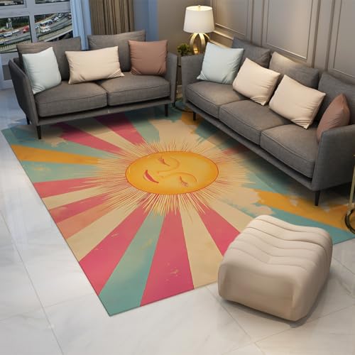 Tapis lavable antidérapant pour salon à rayures rétro avec smiley imprimé - 3