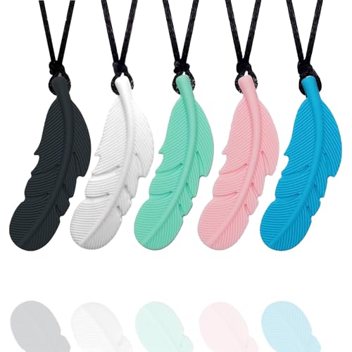 FITULABO Sensory Chew Necklace 5 Pack Silicone Anxiety Relief Chewy Buddy Toys for Autistic Children Oral Motor Autism ADHD SPD (Feather Shape)