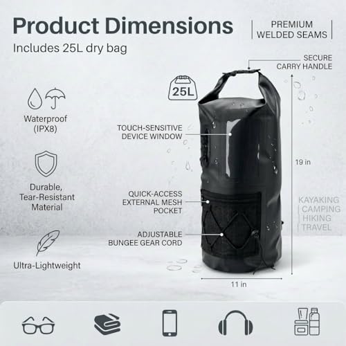 Image of Waterproof Dry Bag 500D PVC Roll Top Dry Sack with 3 Carrying Ways, Lightweight Waterproof Bag for Kayaking, Swimming, Boating, Paddle Boarding, Hiking, Beach (Black, 25L)