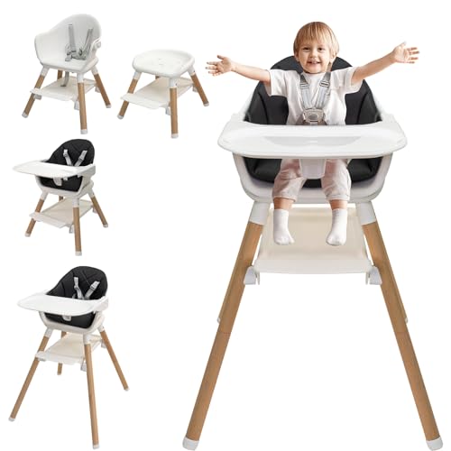 Image of 6 and 1 Wooden High Chair, High Chairs for Babies and Toddlers, Baby Highchairs with Adjustable Legs & Dishwasher Safe Tray,5-Point Harness, PU Cushion and Footrest for Baby, Girl, Toddlers (Black)