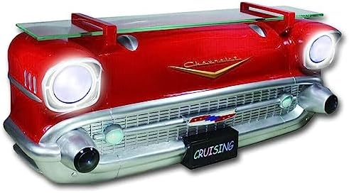 SUNBELTGIFTS 1957 Chevy Bel Air Car Floating Shelf, Red, Working LED Headlights 3 AA Batteries, 20.0 x 6.1 x 8.0 inches, 8.0 pounds, Tempered Glass Shelf, Recessed Brackets.