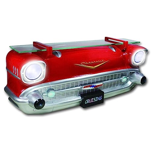 Sunbeltgifts 1957 Chevy Bel Air Car Floating Shelf, Red, Working Led Headlights 3 Aa Batteries, 20.0 X 6.1 X 8.0 Inches, 8.0 Pounds, Tempered Glass Shelf, Recessed Brackets. #TOP2