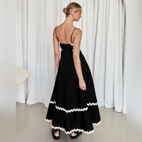 OBEEII Women Summer Dresses 2024 Boho Spaghetti Straps Sleeveless Rickrack Trim Flowy Loose A-Line Long Dress Beach Vacation Party Sundress Black M - Image 4