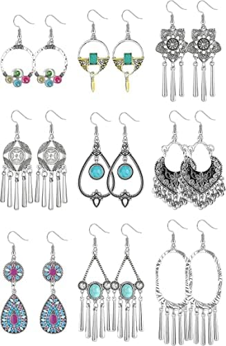 CASSIECA 9/12 Pairs Vintage Silver Drop Dangle Earrings Set for Women Girls Hypoallergenic Fashion Boho Earrings for Women Multipack Dangling Earrings Jewelry for Birthday/Christmas Gift