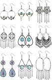 colgante boho chic esférico de la luna ♥Diseño Retro♥ Estos pendientes colgantes tienen un gran diseño en forma de gancho que está muy de moda y atractivo, color de base de plata con elementos de estilo como girasol, cráneo, hojas, plumas, y colgantes en forma de gota, se ve retro y elegante.