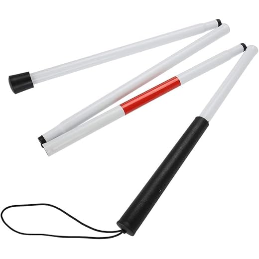 Foldable Blind Walking Stick Portable Walking Cane Folding Stick Durable Walking Mobility Aid 4-Section Lightweight Stick with Night Reflective Elastic Strap for Vision Impaired Blind