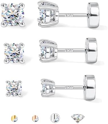 GEMQUEEN 3 paia di orecchini a lobo in moissanite placcati in oro 14 K