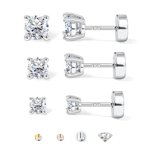 SLLAISS 3 Paires Moissanite Boucles d'Oreilles Femme Homme Argent 925 Sterling Plaque Or Blanc 14K Clous d'Oreilles Diamant Puce 3mm 4mm 5mm Piercing Oreille...