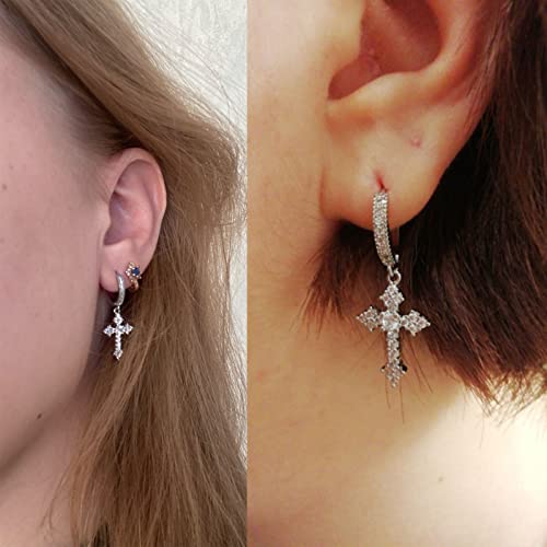 Tkmira 14K Gold/Silver Plated Cross Earrings Men Women Hypoallergenic Cubic Zirconia Dangle Hoop Earrings (Cross3-Silver) #TOP5