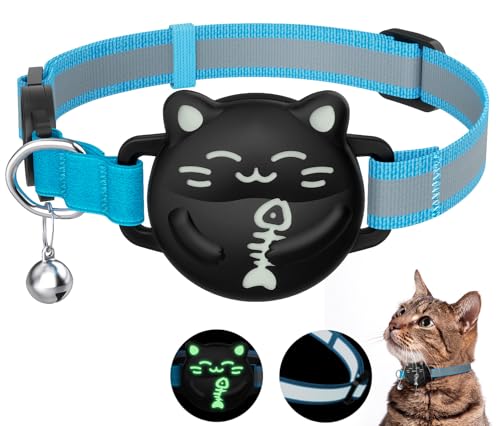 WROSWT Waterproof Airtag Cat Collar, Breakaway Cat Collars with Luminous & Reflective Strap for Apple Air tag, Kitten Safety Elastic Band, Lightweight Hidden GPS Tracker Holder(Blue, 9\"-14\")