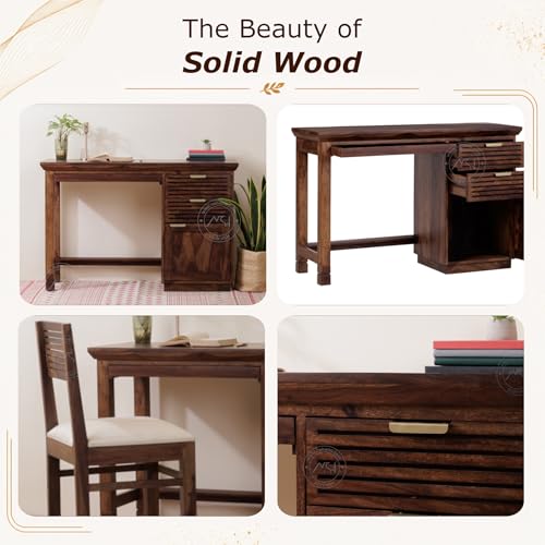 Image of NSH Solid Sheesham Wood Study Table with Chair | Wooden Writing Desk with Drawer & Door Storage | Pre-Assembled Computer Desk Workstation for Home Office & Study Room | Teak Finish