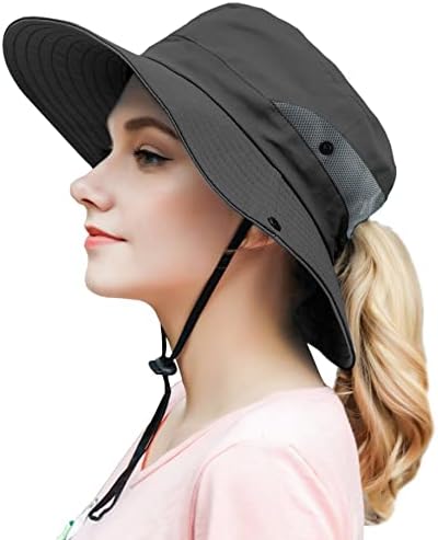 Womens Ponytail Sun Hat Outdoor UV Protection Foldable Floppy Bucket Hats Wide Brim Summer Beach Fishing Cap Grey
