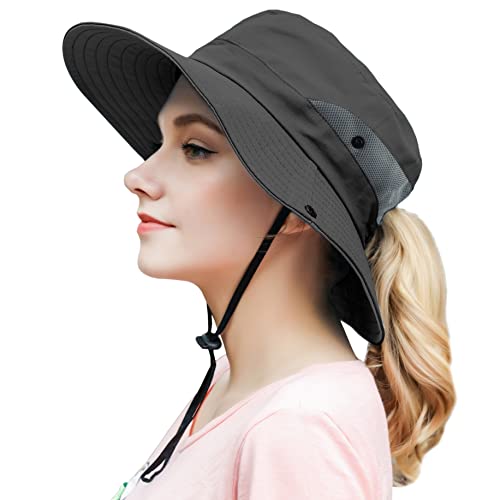 Womens Ponytail Sun Hat Outdoor Uv Protection Foldable Floppy Bucket Hats Wide Brim Summer Beach Fishing Cap Grey #TOP17