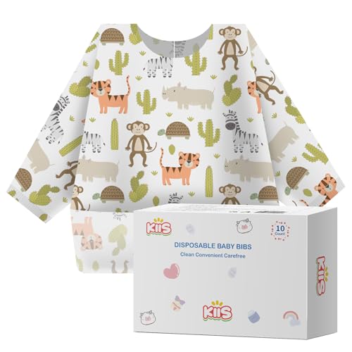 KIIS Disposable Baby Bibs Long Sleeve Waterproof Baby Smock Extra Large Full Coverage for Toddlers & Kids Mess-Free Feeding for Travel & Daycare 10 Count Monkey