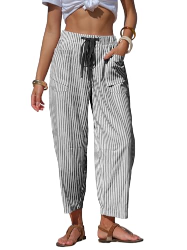 Byinns Womens Faux Linen Striped Barrel Pants Comfy Drawstring Capri Pant Summer Beach Vacation Lounge Trousers with Pockets