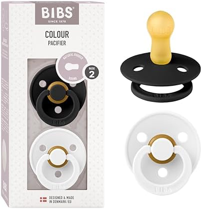BIBS Pacifiers Colour Collection | Natural Rubber Baby Pacifier | Set of 2 BPA-Free Soothers | Made in Denmark | 6+ Months (Pack of 2) | Black/White