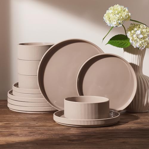Image of Famiware Ceramic Plates and Bowls Set, Dinnerware Sets, Ribbed Dishes for 4