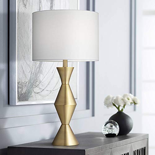 Elka Mid Century Modern Contemporary Table Lamp Glam Brass Gold Metal White Drum Shade Geometric Decor for Living Room Bedroom House Bedside Nightstand Home Office Family - 360 Lighting