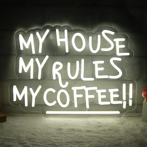 Image of My House My Rules My Coffee Neon Signs for Wall Decor Neon Lights for Bedroom Led Business Signs Suitable for Coffee Shops Christmas Birthday Party Gift 5V Power Adapter, 16.1*11.8 Inch(White)