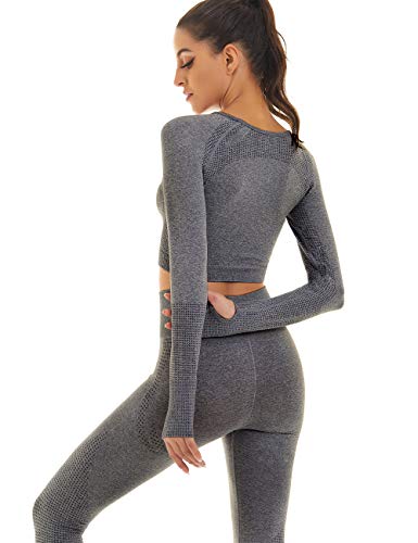 Toplook Women Seamless Workout Outfits Athletic Set Leggings + Long Sleeve Top (Dark Gray, Small)