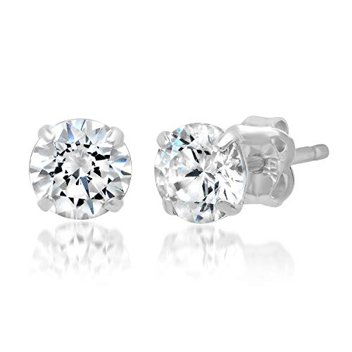 14k Solid White Gold ROUND Stud Earrings with Genuine Swarovski Zirconia | 1.0 CT.TW. | With Gift Box