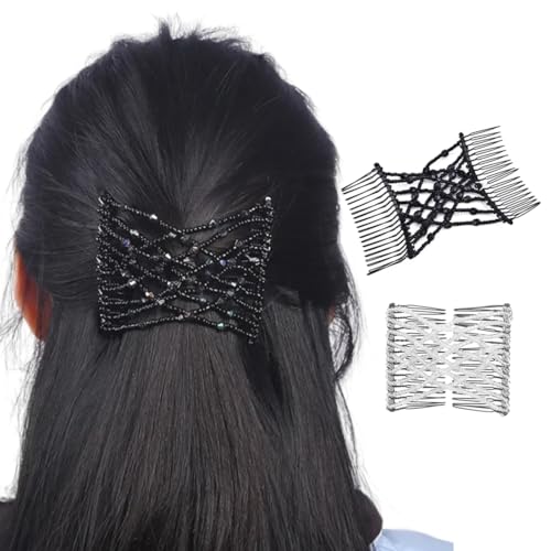 UEIOAVL Peinetas de pelo, Peine para el pelo con cuentas mágicas y elástico fijación perfecta pinzas dobles para el pelo para mujeres y niñas (negro, blanco)