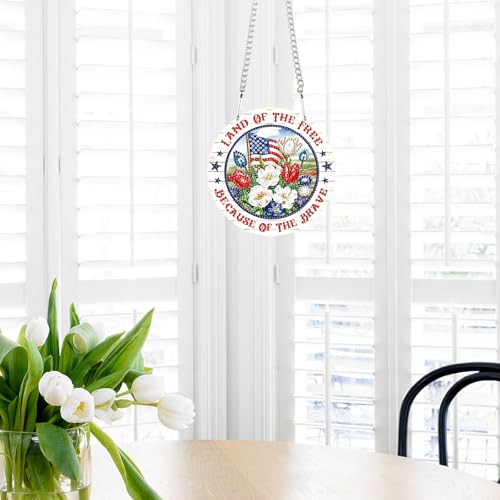 Image of DIY Independence Day Diamond Painting Hanging Kit, 5D Acrylic Special Shaped Crystal Diamond Art Pendant, inchLand of The Free inch Patriotic Wall Decor for Home, Door, or Garden, 4th of July Gift for Adults