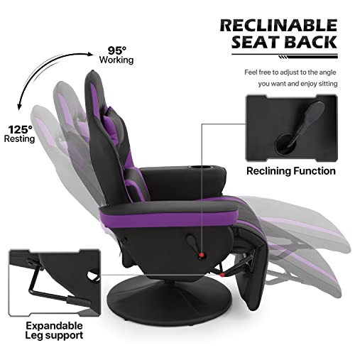 Monibloom Gaming Chair Recliner Ergonomic Adjustment Lumbar Support Swivel Reclining Game Chair Pu Leather Movie Theater Chair With Cup Holder For Rv Home Bedroom Small-Space Gaming Relaxing, Purple #TOP5