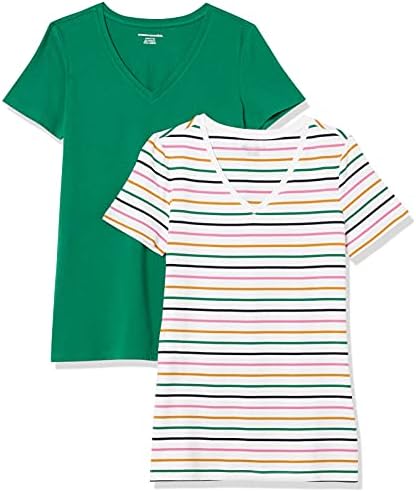 Amazon Essentials Women's Classic-Fit Short-Sleeve V-Neck T-Shirt, Pack of 2, Stripe, Small