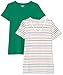 Amazon Essentials Women's Regular-Fit Short-Sleeve T-Shirt (Crewneck and V-Neck Options), Pack of 2, Green/White Stripe, X-Large