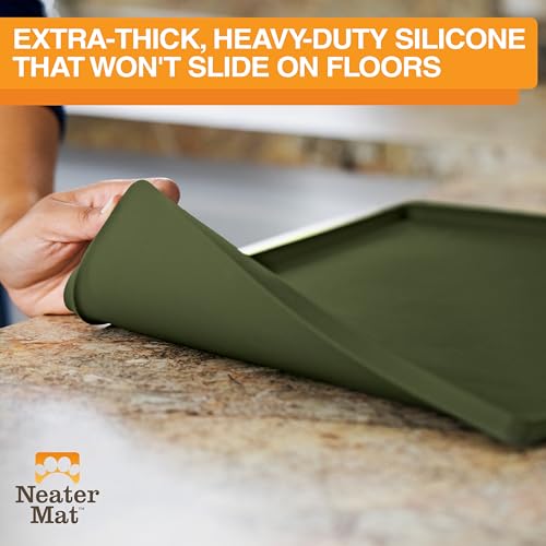 Image of Neater Pet Brands Neater Mat Pet Mats for Food and Water, Cat & Dog Bowl Mat Waterproof Silicone, Feeding Tray, Dog Food Mats for Floors, Placemat w /Raised Edge for Under Bowls, 19 inch x 12 inch, Olive