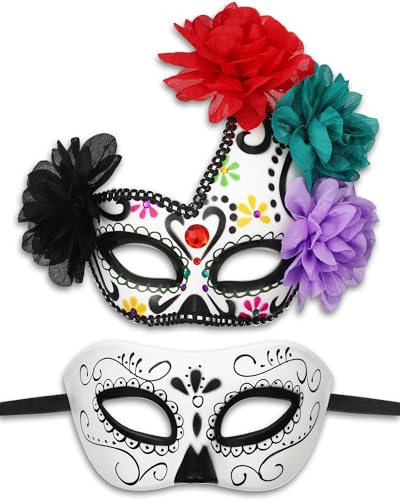 Arrowbash 2 Pcs Day of the Dead Half-skull Eye-mask Couple Masquerade Masks Set for Halloween Themed Parties Halloween Costume Plastic Accessories Mardi Gras Mask for Women and Men