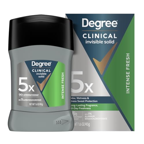 Degree Clinical Strength Antiperspirant Deodorant for Men 96-Hour Sweat and Odor Protection Intense Fresh Invisible Solid 5x Types of Sweat