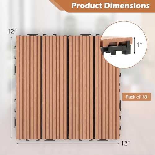 Giantex Interlocking Deck Tiles 18 Pack - 18 sq.ft Composite Outdoor Flooring Covering All Weather Use, 12 x 12 in Patio Decking Boards for Balcony, Poolside, Backyard, Garden, Walkway (Brown)